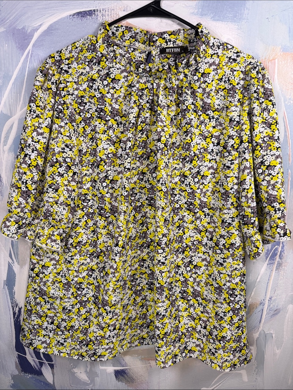 Floral Blouse XL Yellow White Black Ruffle Neck Long Sleeve cottagecore office